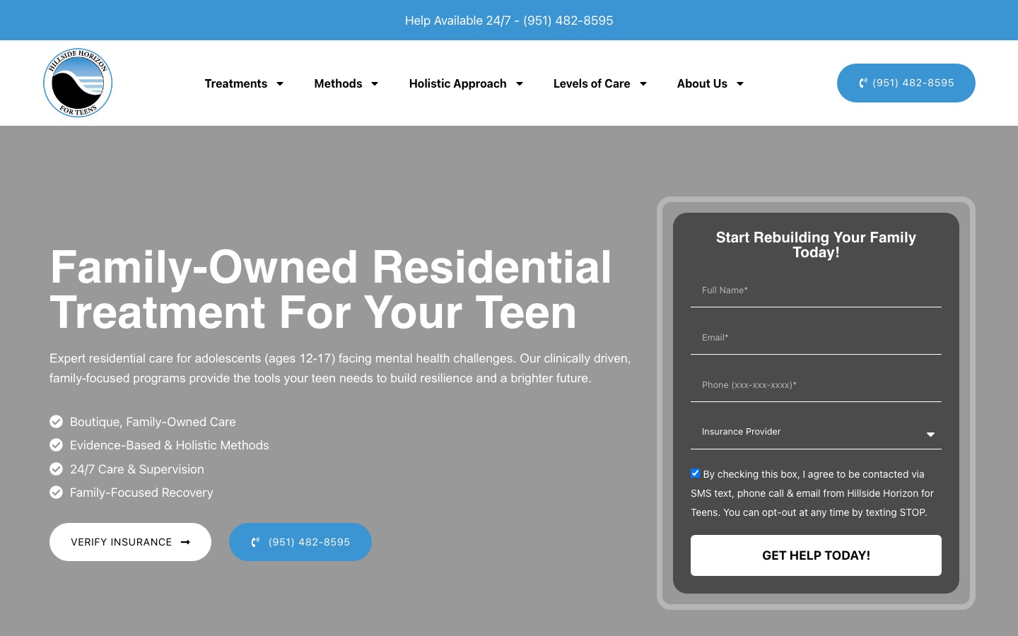 Hillside Horizon homepage with family-owned residential headline and insurance form
